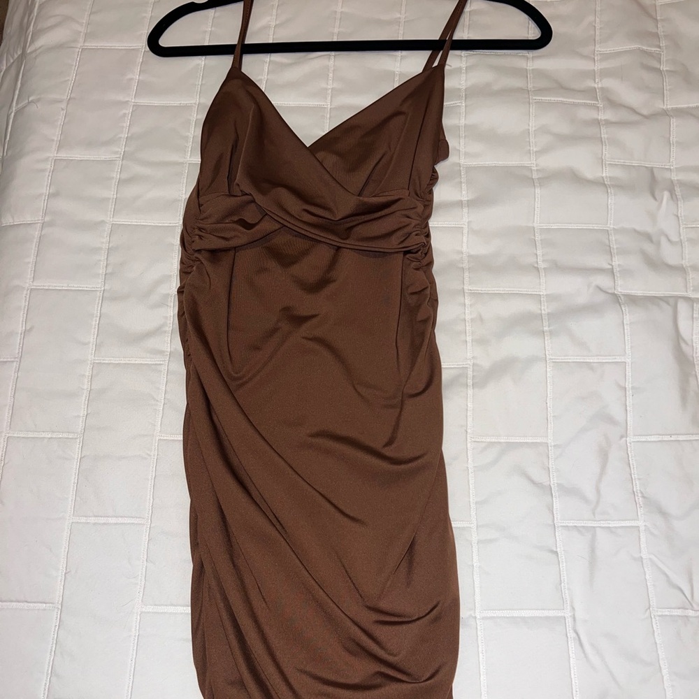 Chocolate brown mini scrunched dress.